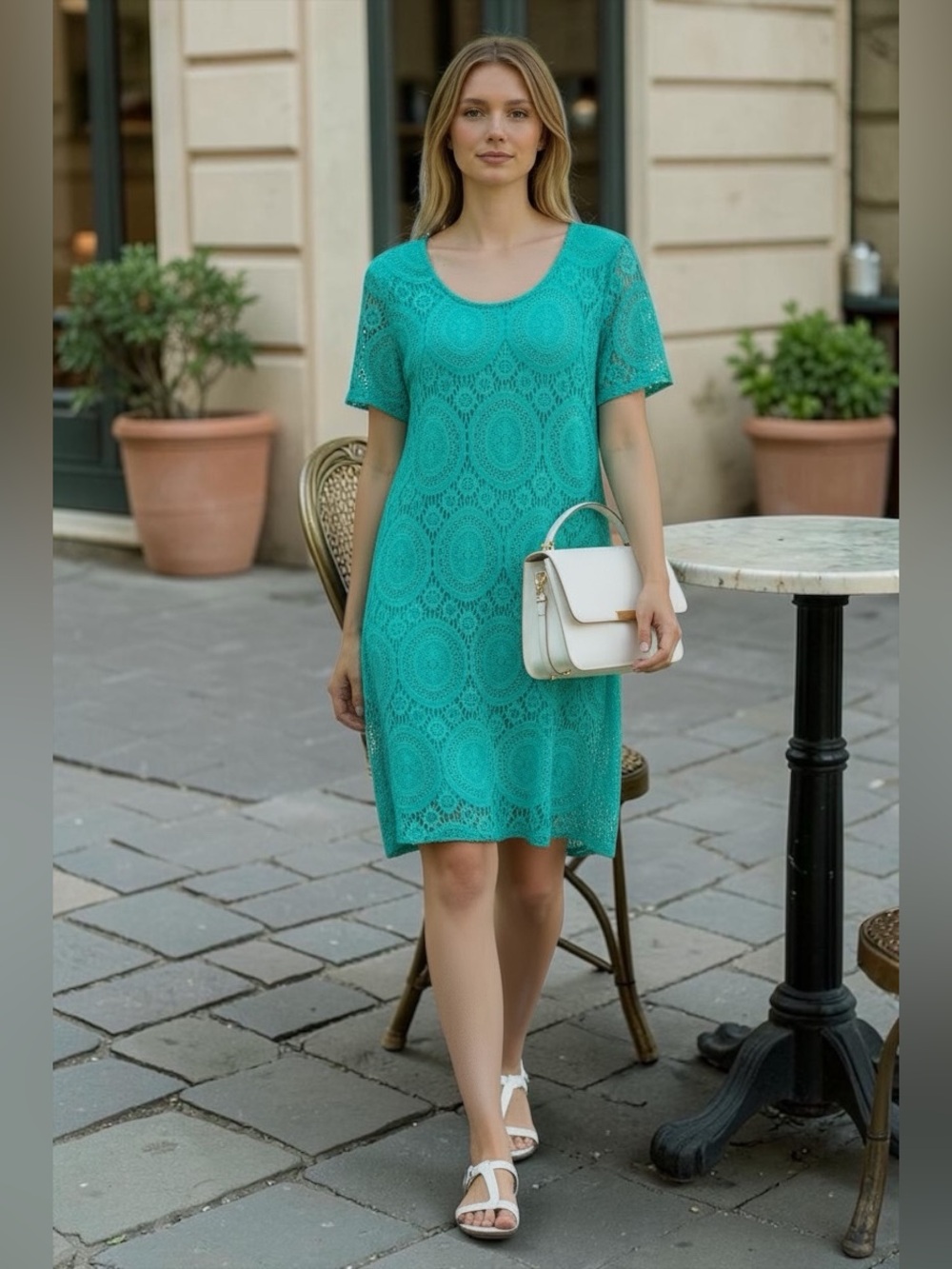 Tacera Teal Crochet Lace Short Sleeve Dress